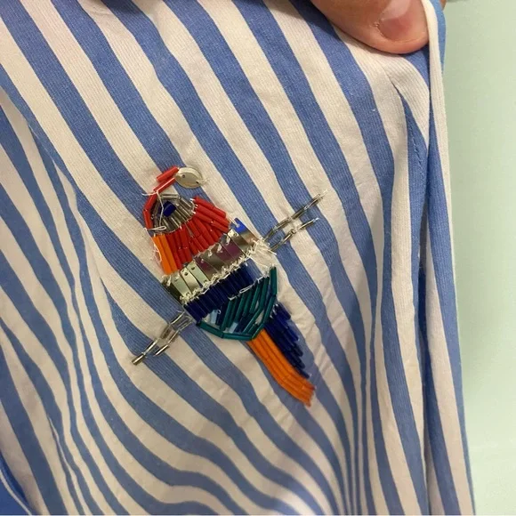 Anthropologie Maeve Tie Back A Line Maxi Dress Striped Blue Beaded Birds 24W - Picture 14 of 16